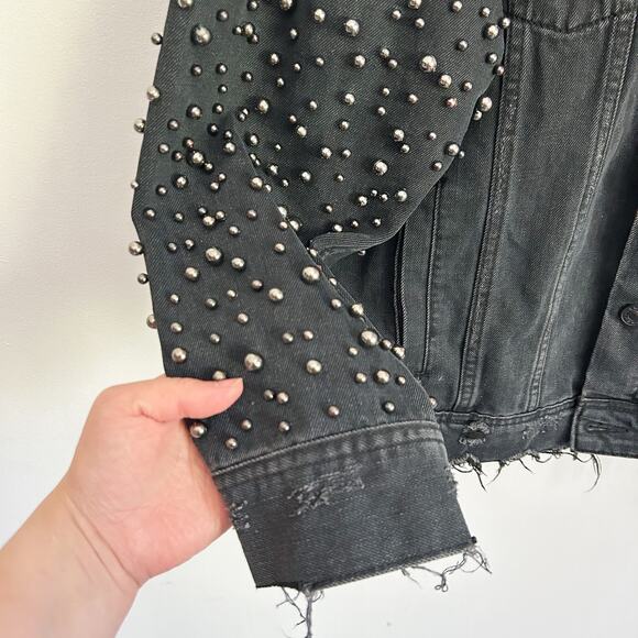 Sunset + Spring Embellished Oversized Distressed Denim Jacket Size L Black - Picture 5 of 7